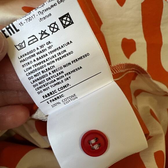 MIMISOL Long Shirt Dress Orange White Abstract Pleated Cotton Artsy NWT - Picture 10 of 12